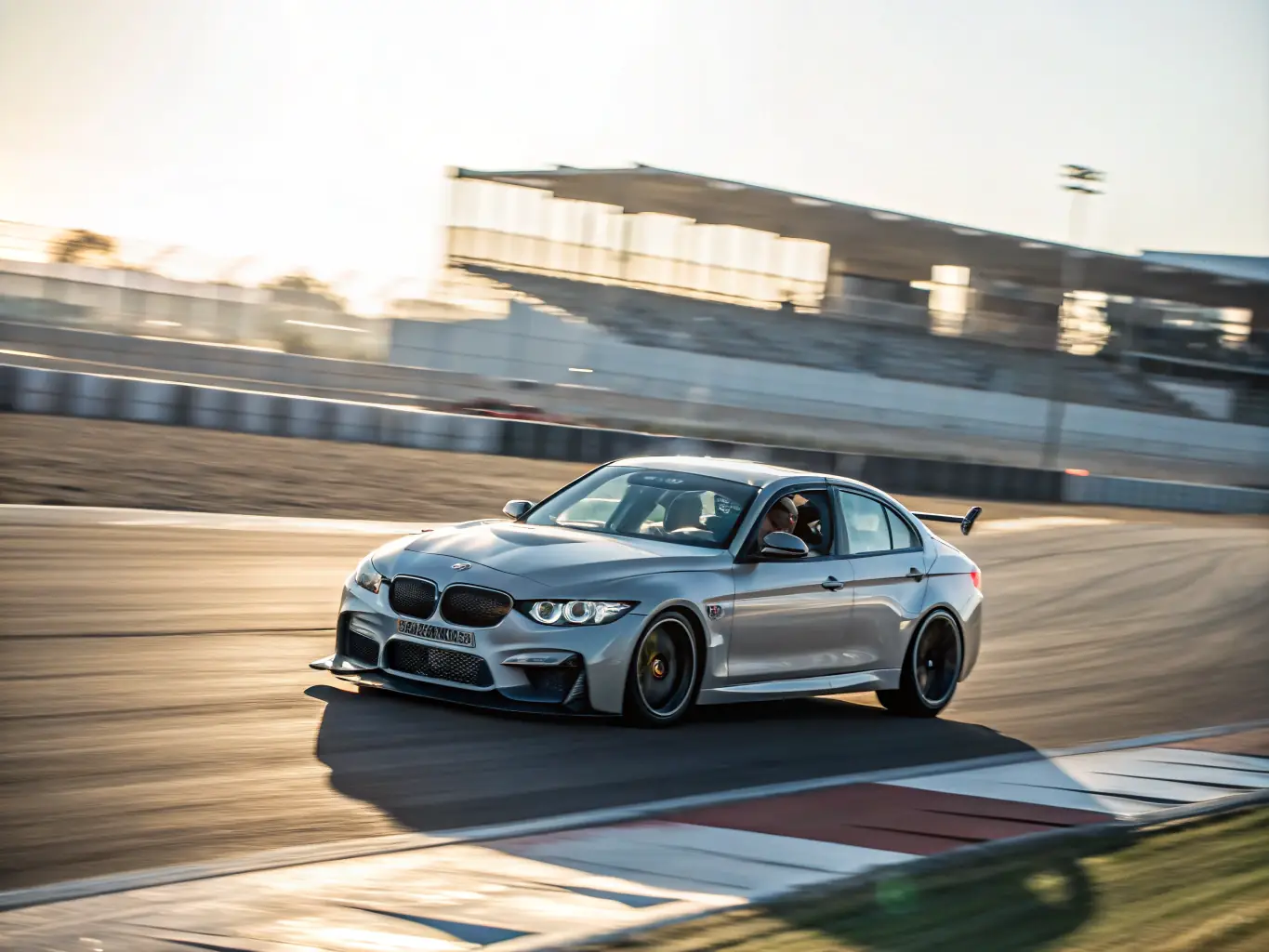 High-performance BMW M3 racing on a track.