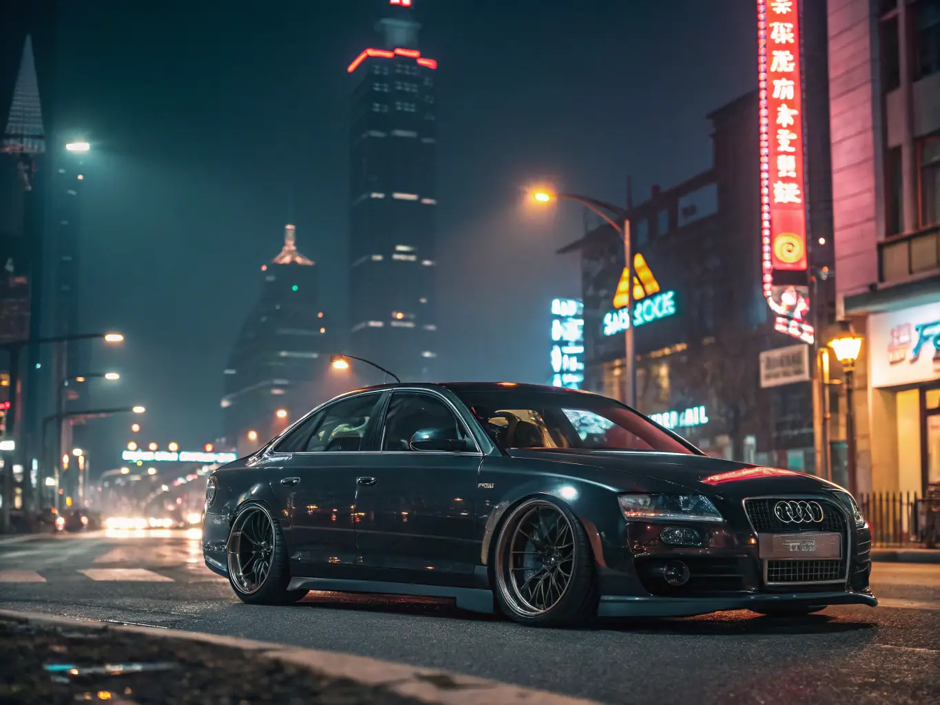 A customized Audi A4 in a dynamic urban setting.